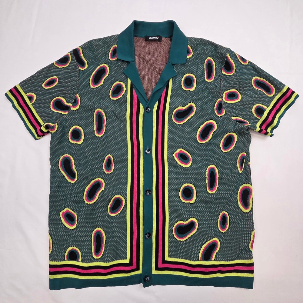 Murano Mens Abstract Knit Button Up Shirt Large Teal Green Retro Camp Collar
